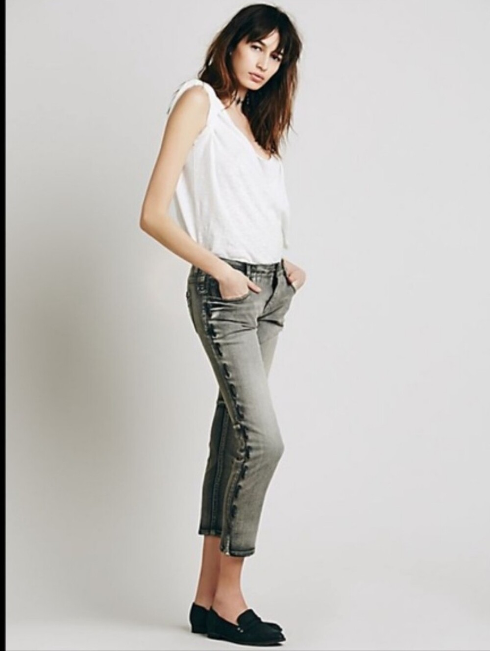 NWOT Free People Lost Love Lace Up Cropped Ankle Pants Black Acid Wash Denim 26